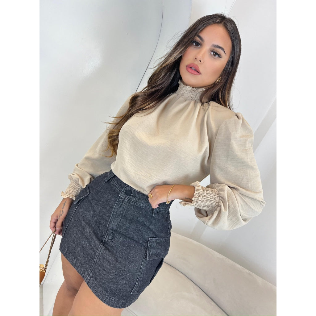 Blusa Manga Longa Princesa Bufante com Lastex - Tecido Duna