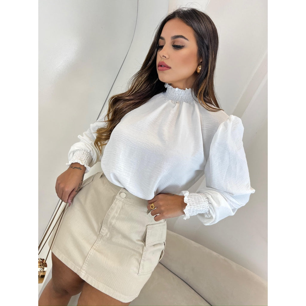Blusa Manga Longa Princesa Bufante com Lastex - Tecido Duna