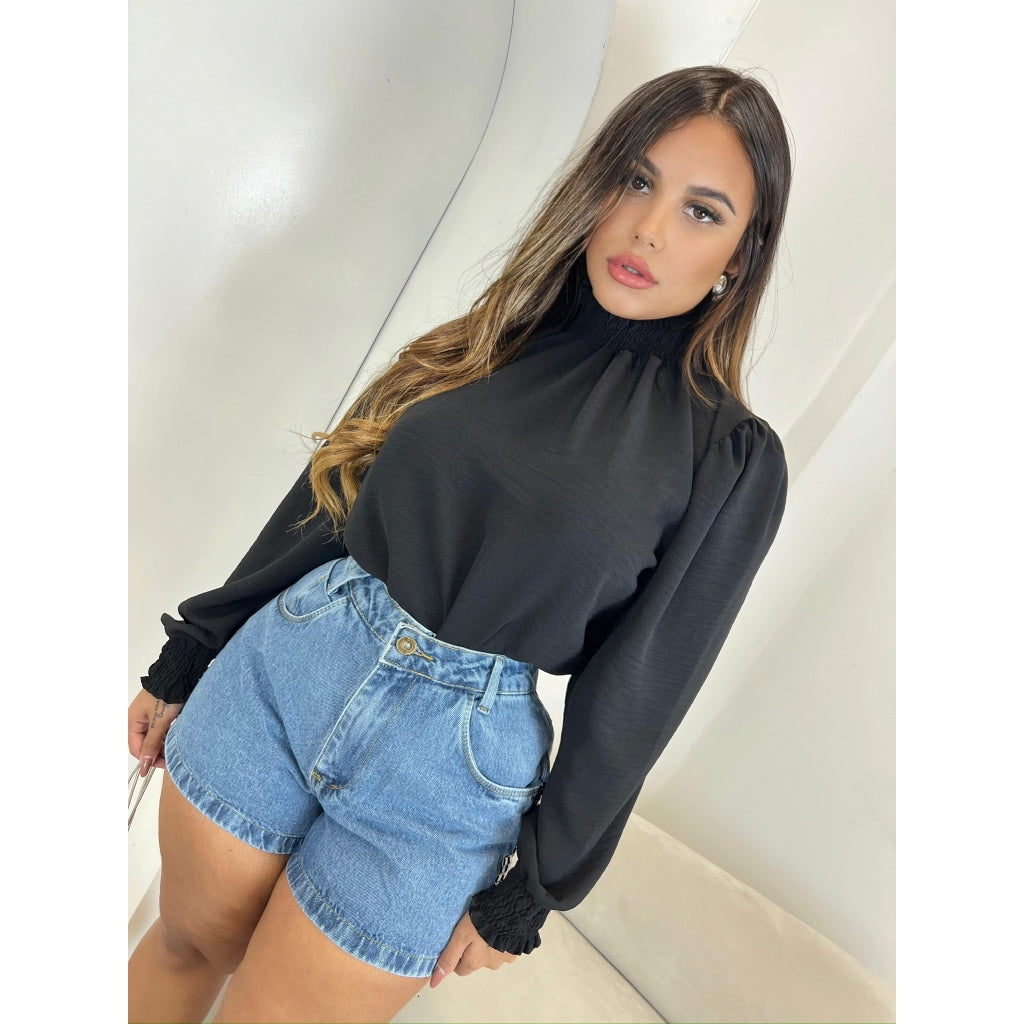 Blusa Manga Longa Princesa Bufante com Lastex - Tecido Duna