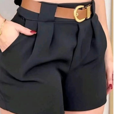 Short Alfaiataria Feminino Social Cintura Alta com Cinto e Bolso