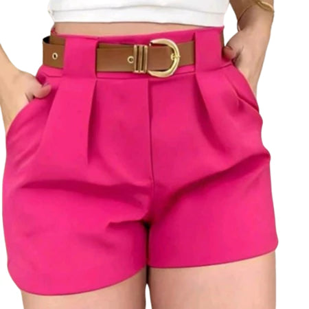 Short Alfaiataria Feminino Social Cintura Alta com Cinto e Bolso
