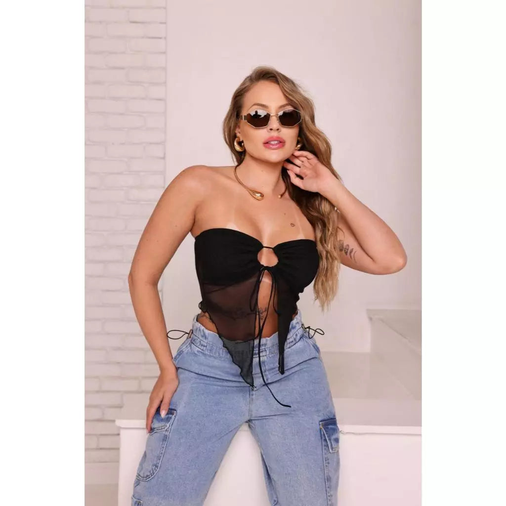 Cropped Tomara que Caia Fada Tule com Bojo Amarração Frontal Livia