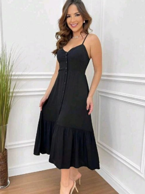 Vestido feminino longo alça botão na frente fenda Mídi soltinho viscose Babado elegante alcinha