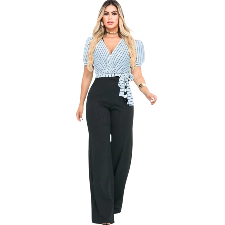 Macacão Feminino Listrado Manga Curta Pantalona Social em Malha Canelada