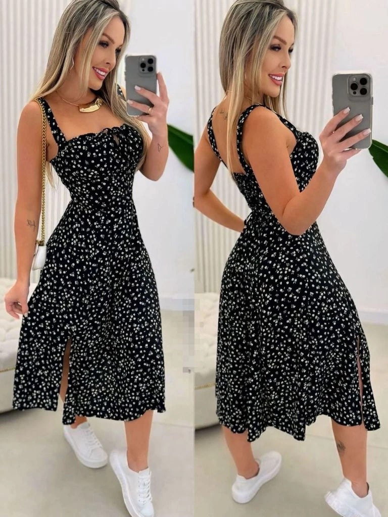 Vestido Mídi Romântico Estampado em Elastex