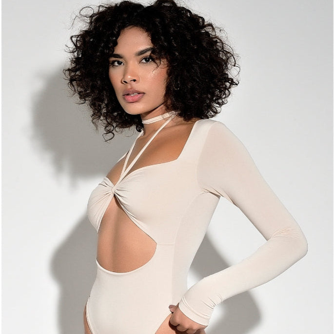 Body Collant Decote Amarrado Manga Longa