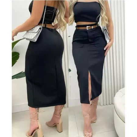 Saia Midi Alfaiataria Feminina com Cinto e Bolsos