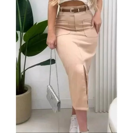 Saia Midi Alfaiataria Feminina com Cinto e Bolsos