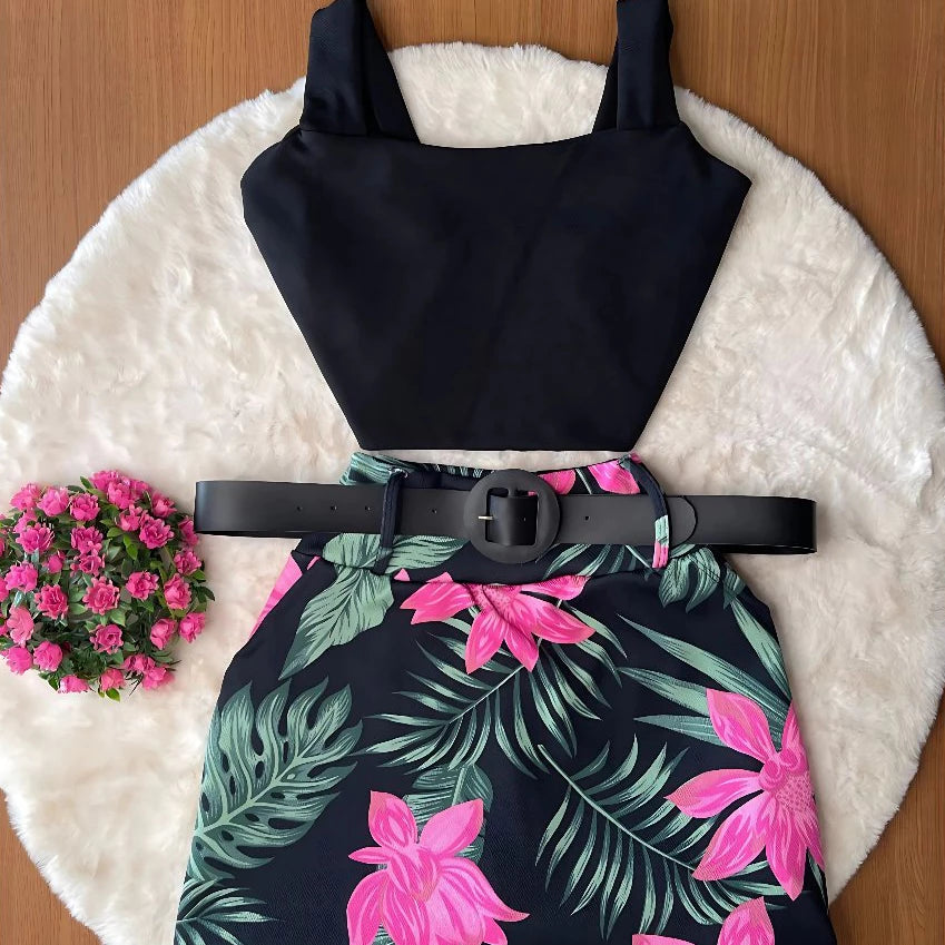 Conjunto Feminino Blusa Cropped + Short Saia com Cinto Plus Size - Conjuntinho Plus Curve