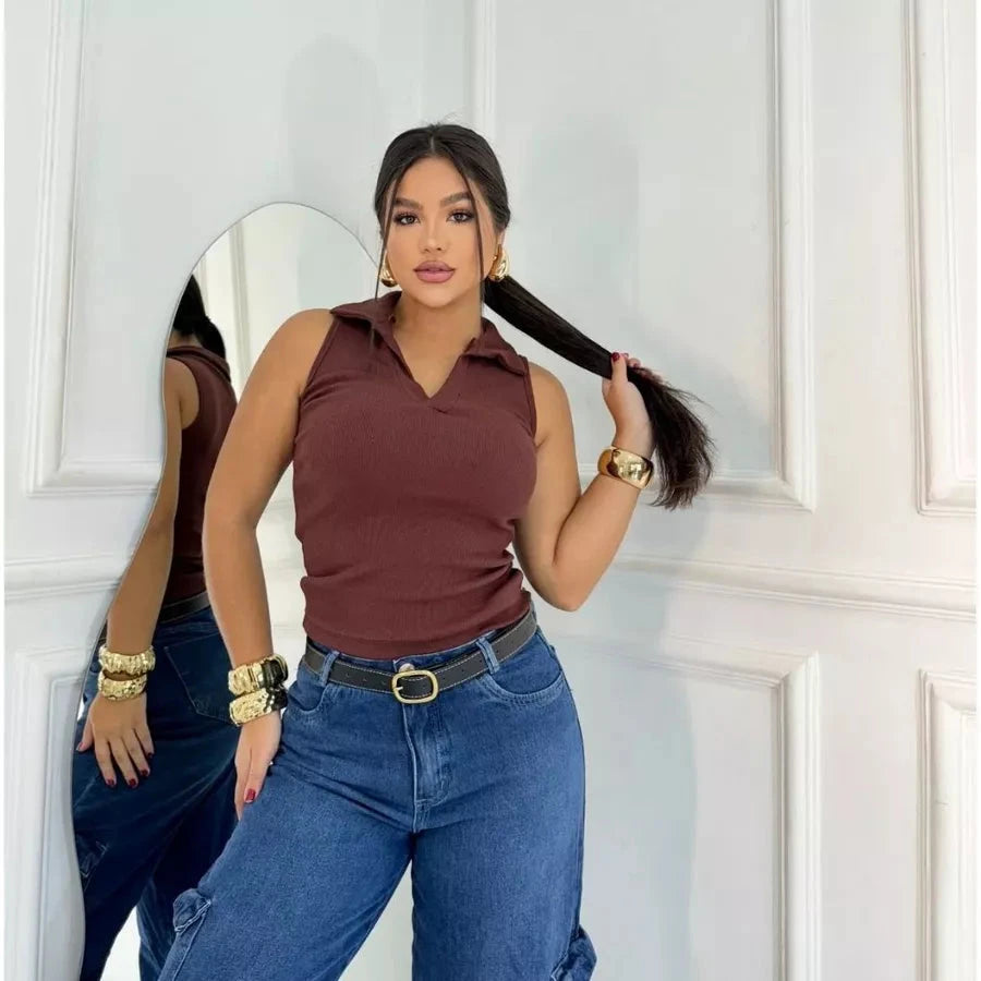 Regata Canelada Gola Polo Feminina – Básica, Moderna e Confortável Simples Glamour