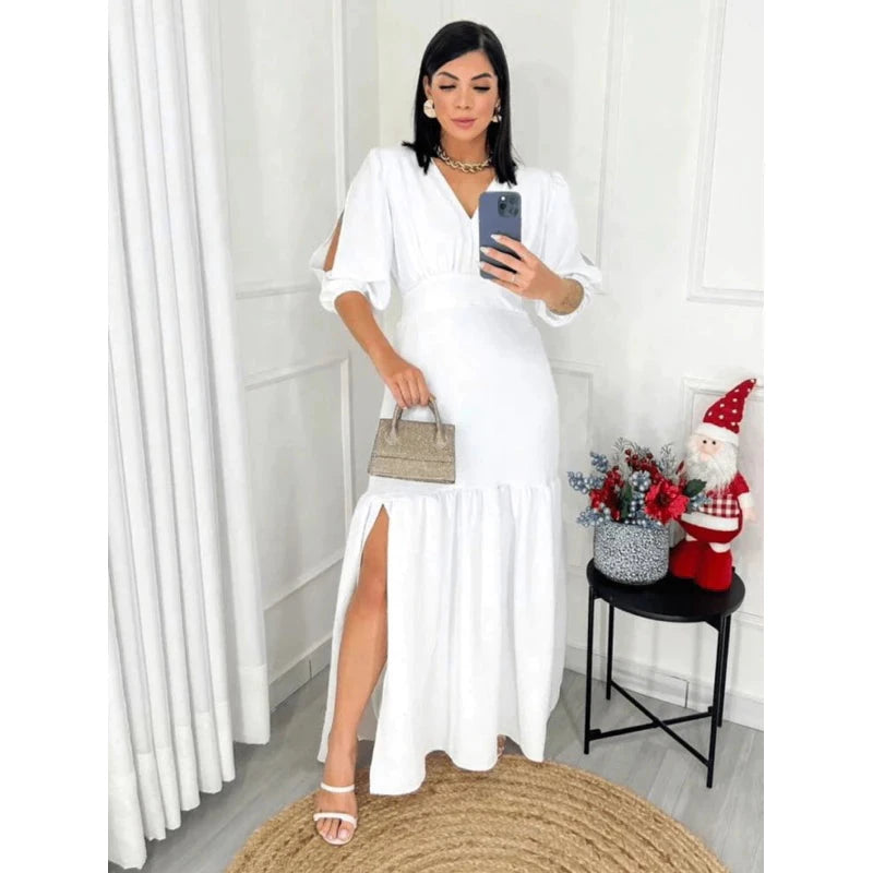 Vestido manga 3/4 com fenda longo feminino tecido Duna e viscolinho abertura nas Manga. Simples Glamour