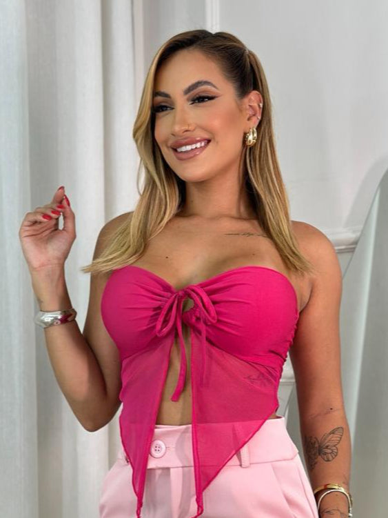 Cropped Tomara que Caia Fada Tule com Bojo Amarração Frontal Livia