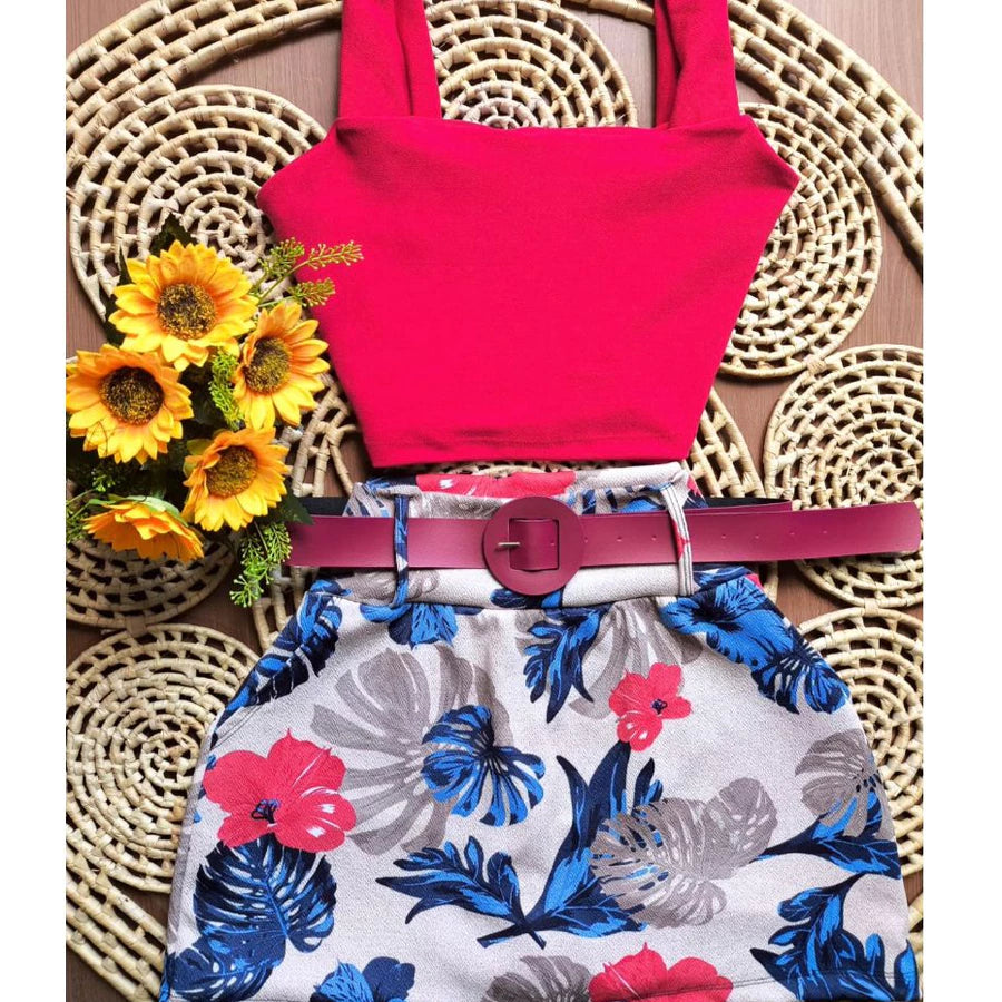 Conjunto Feminino Blusa Cropped + Short Saia com Cinto Plus Size - Conjuntinho Plus Curve