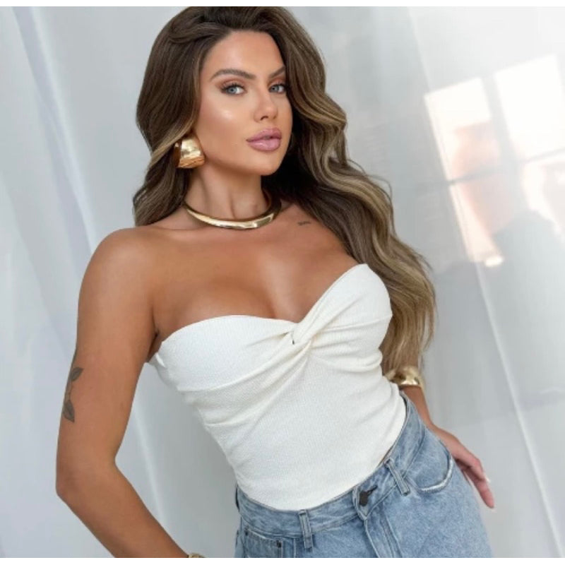 Cropped Tomara que Caia Nó Decotado Feminino Moda Verão com Bojo