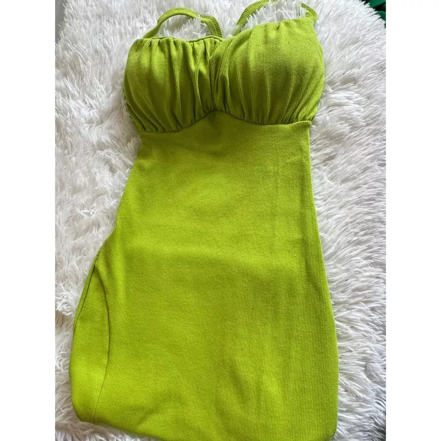 Vestido Feminino Mídi Com Alças Finas Com Fenda Lateral Malha Ribana Canelada Tendencia Verão