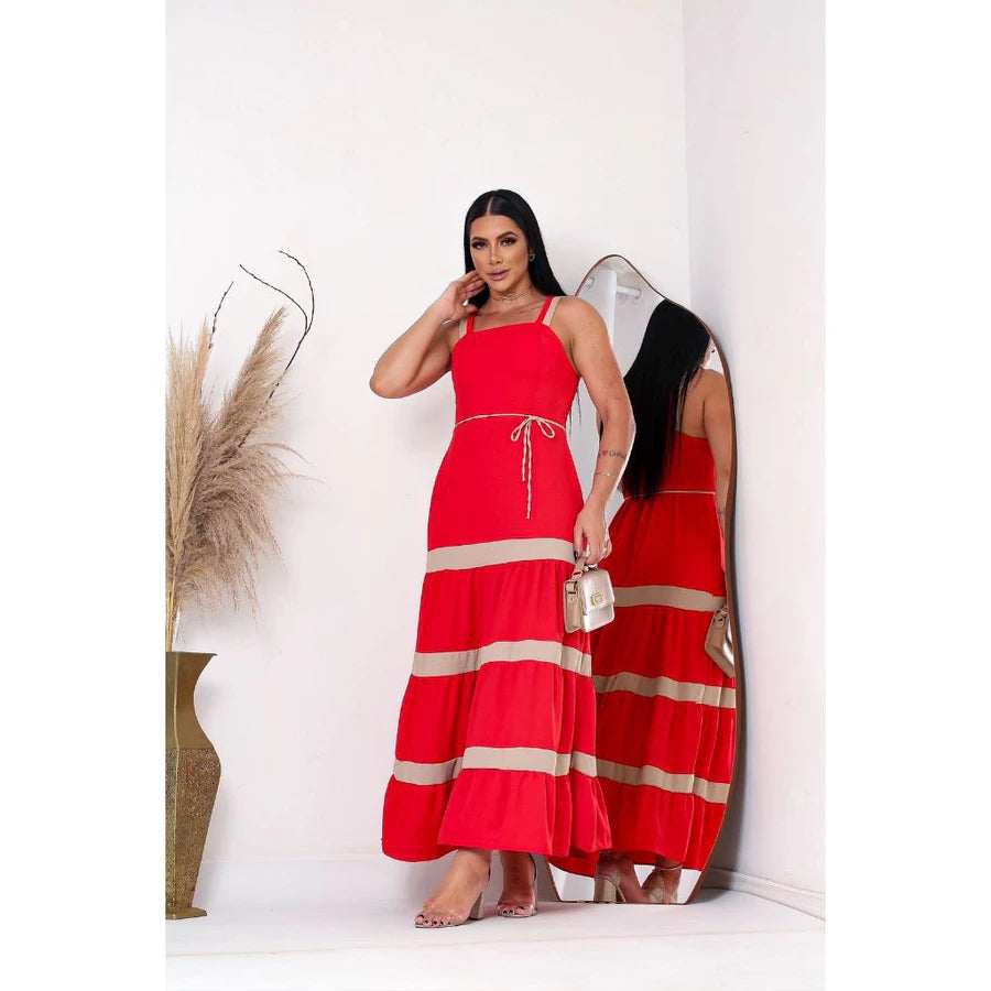 Vestido Longo Bicolor Tecido Duna