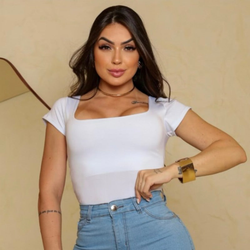 Blusa Básica Feminina Baby Look Decote Quadrado Casual