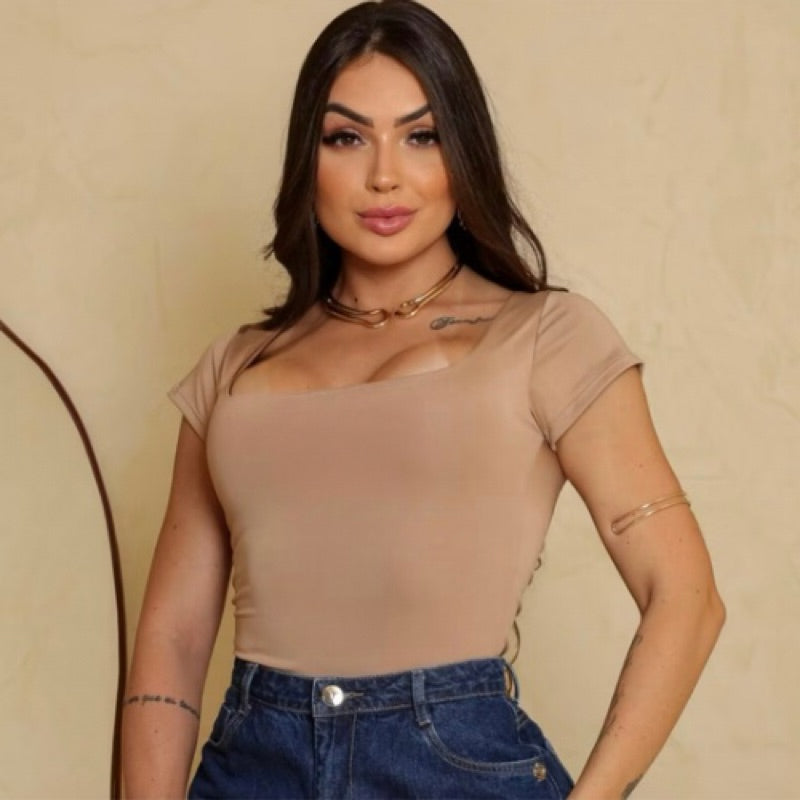 Blusa Básica Feminina Baby Look Decote Quadrado Casual Simples Glamour