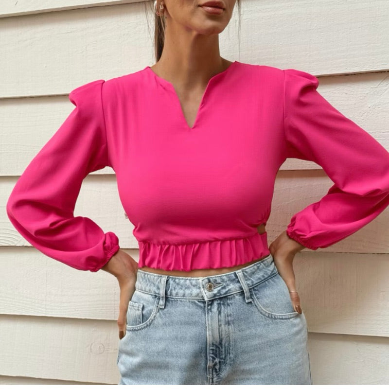 Cropped Feminina Casual Elegante Manga Longa Bufante
