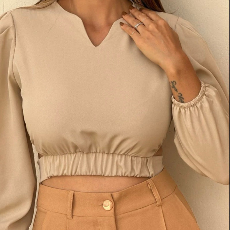 Cropped Feminina Casual Elegante Manga Longa Bufante Simples Glamour