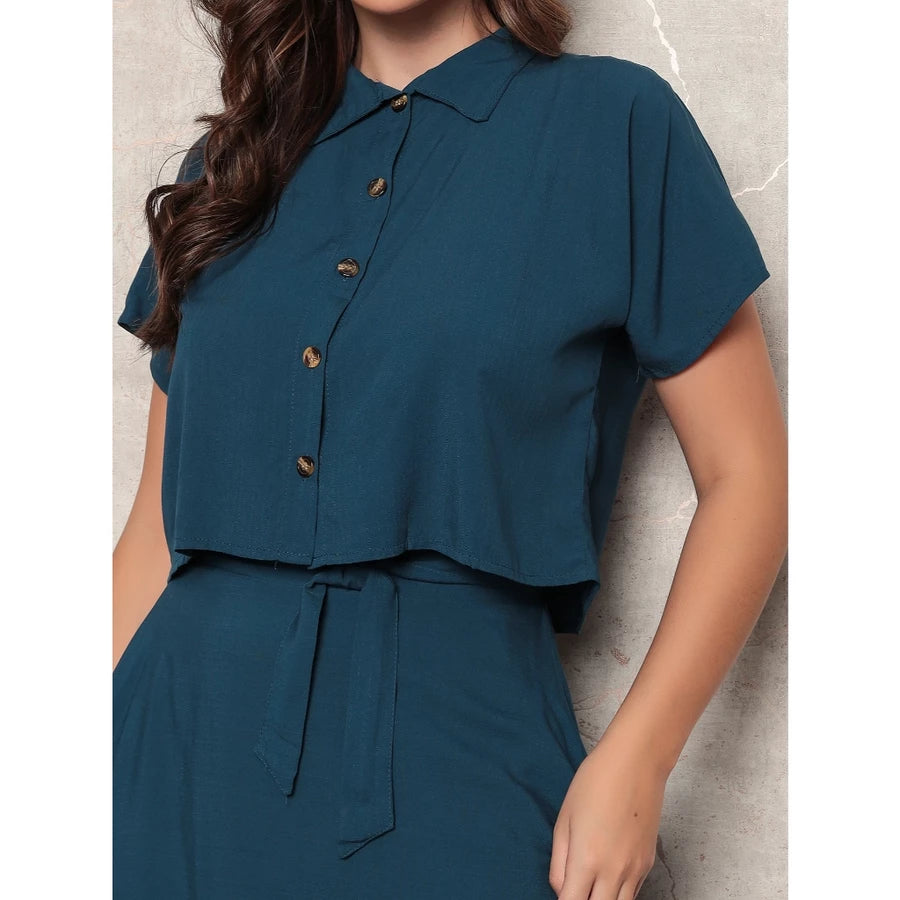 Conjunto Feminino Alfaiataria – Cropped e Saia Longa Rodada com Fenda Meia Lua