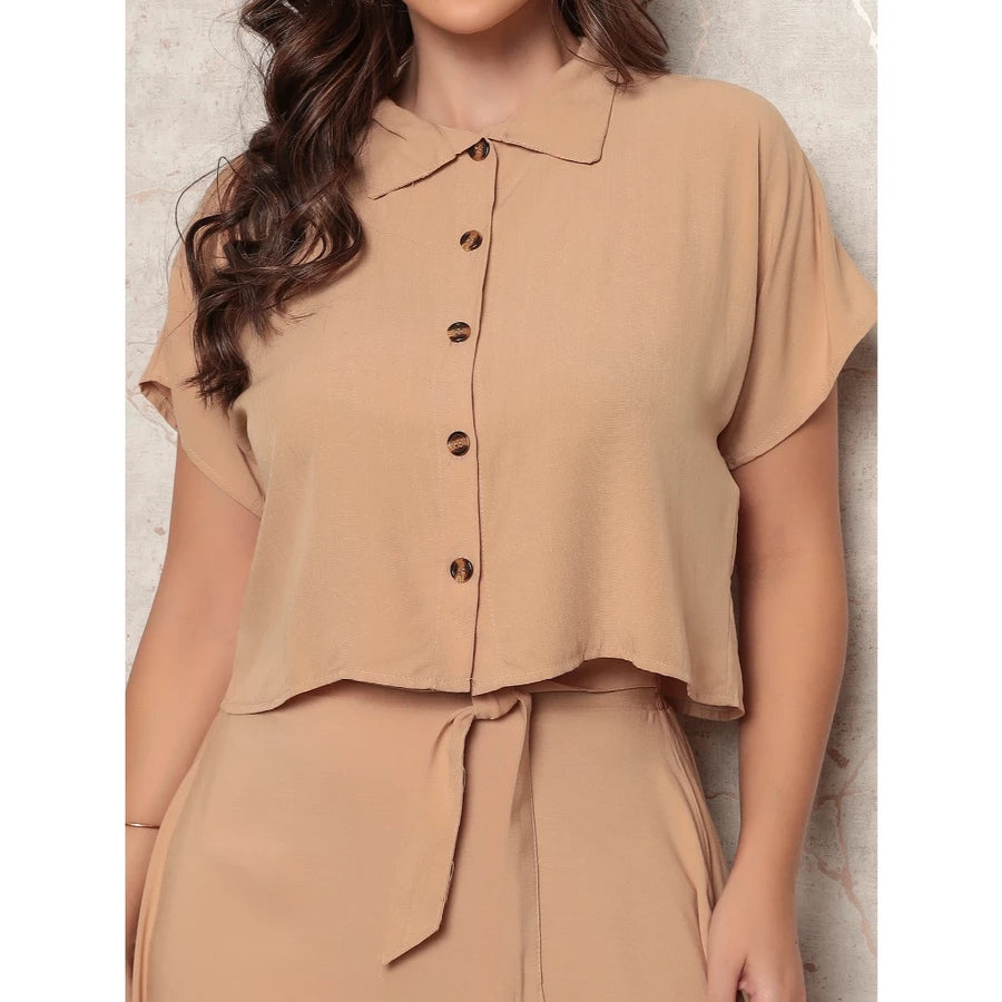 Conjunto Feminino Alfaiataria – Cropped e Saia Longa Rodada com Fenda Meia Lua