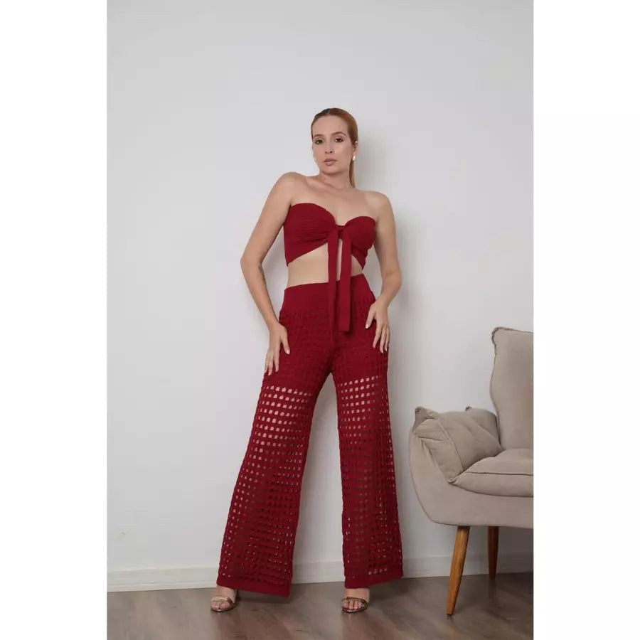 Conjunto Saída de Praia Verão Calça e Cropped Tomara que Caia Tricô