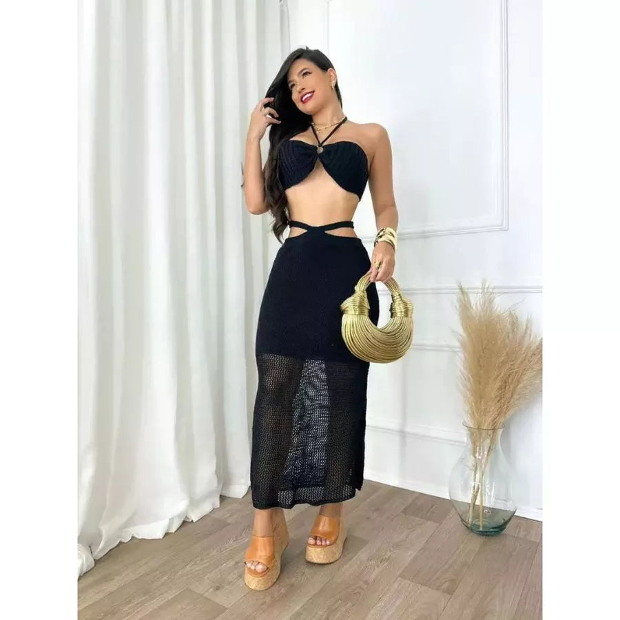 Conjunto Feminino Tricot Cropped e Saia Midi Tricô Modal Conjunto Trico