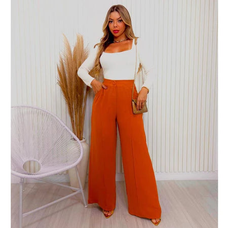 Calça Feminina Pantalona Wide Leg Duna com Botão