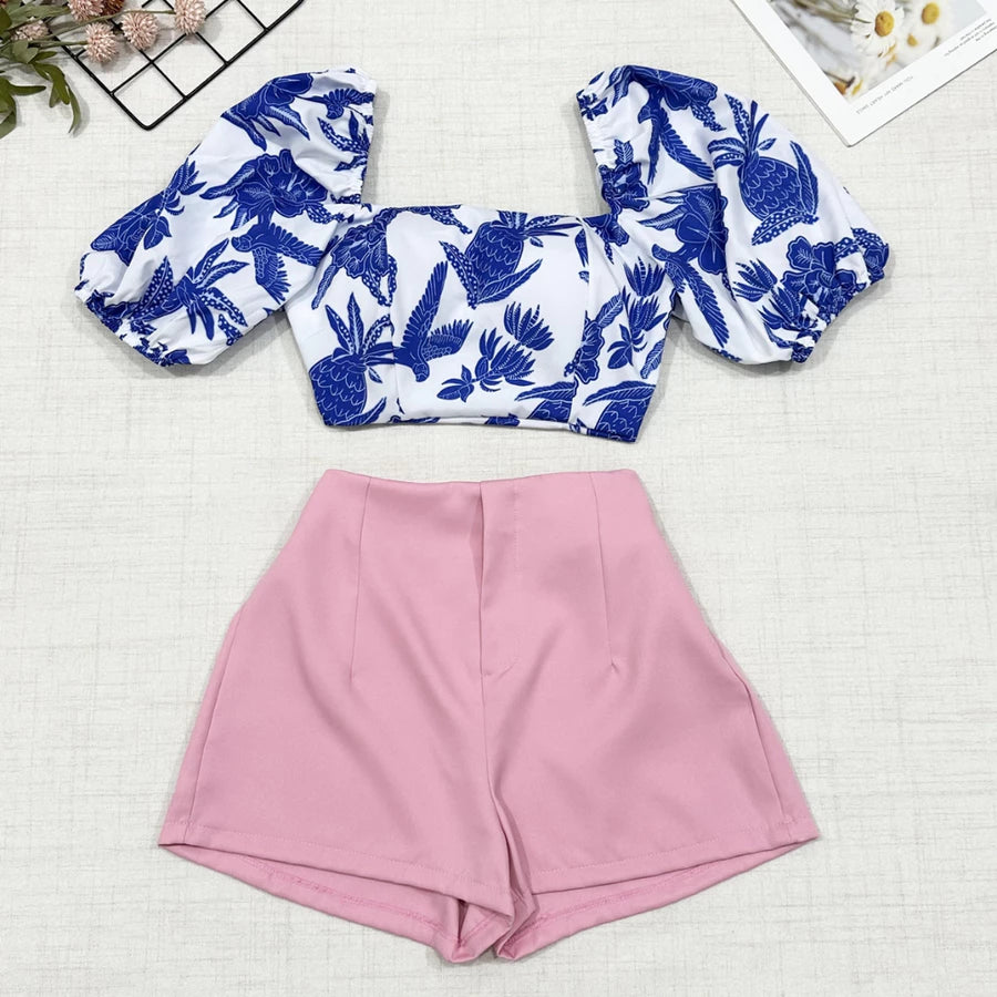 Conjunto Feminino Estampado – Camisa com Amarração + Short com Zíper