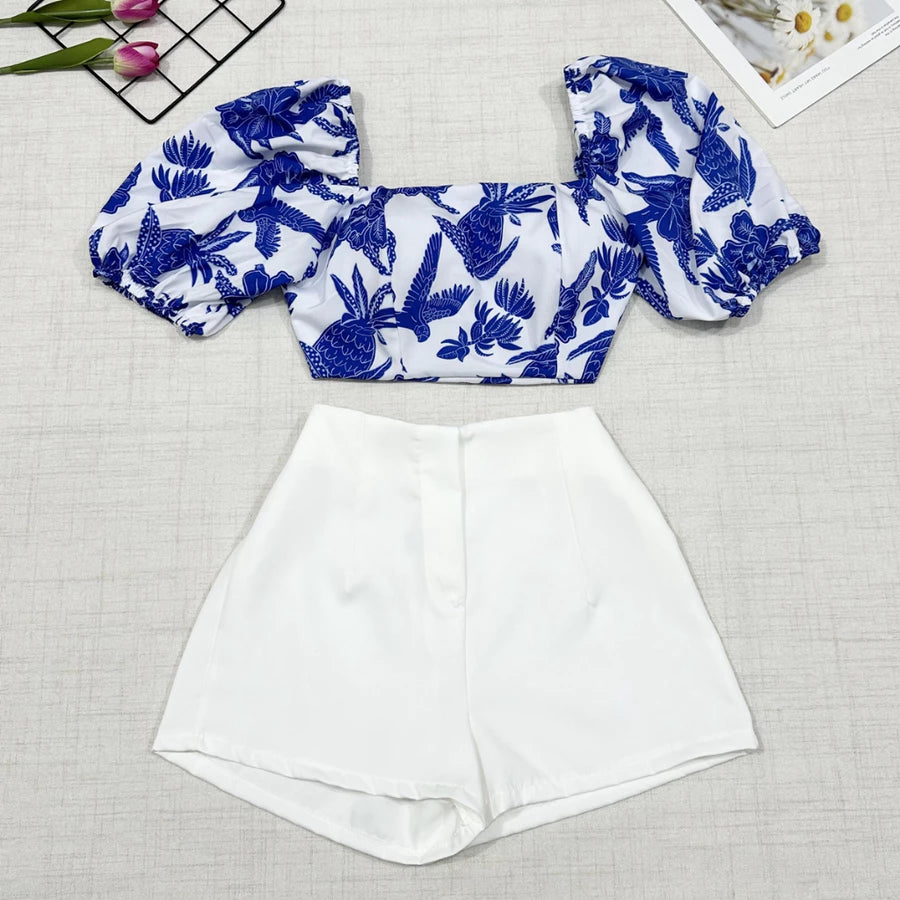 Conjunto Feminino Estampado – Camisa com Amarração + Short com Zíper