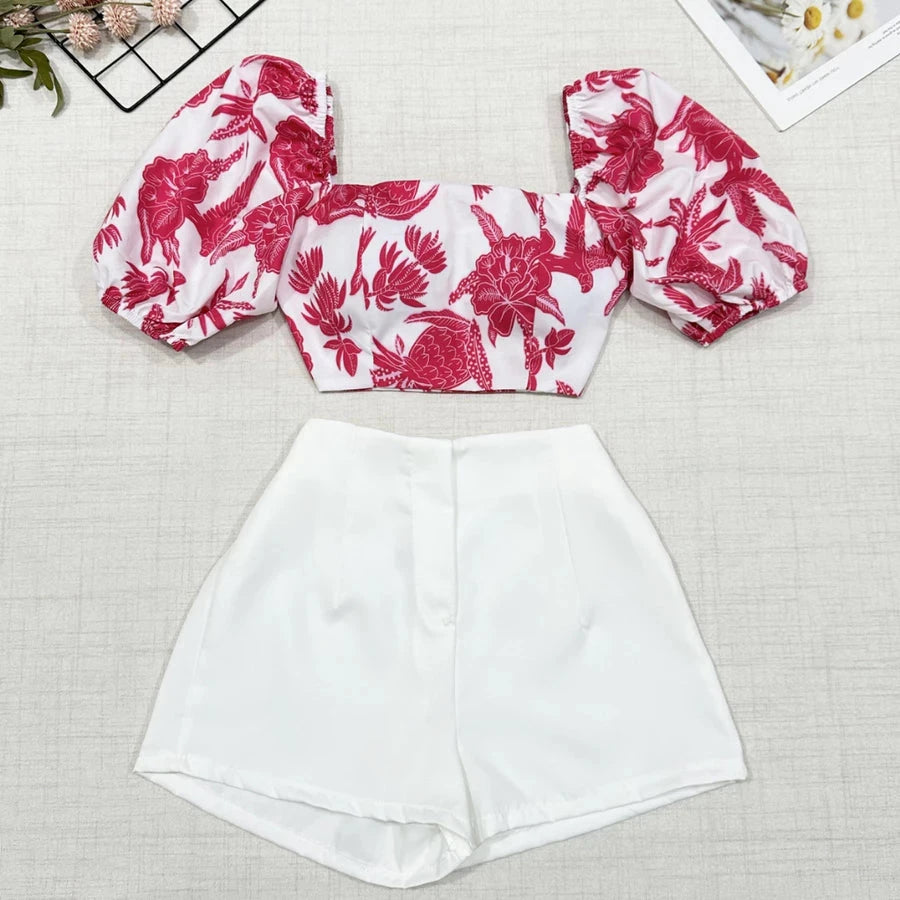 Conjunto Feminino Estampado – Camisa com Amarração + Short com Zíper Simples Glamour