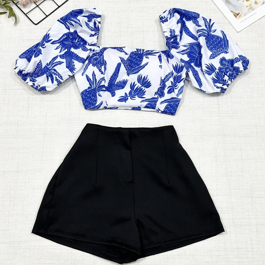 Conjunto Feminino Estampado – Camisa com Amarração + Short com Zíper