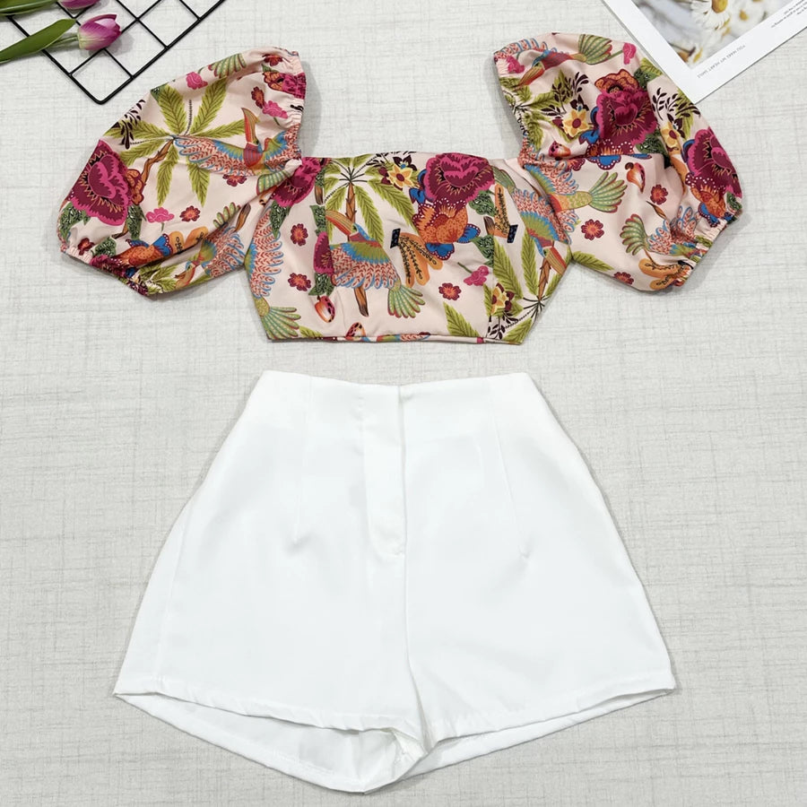 Conjunto Feminino Estampado – Camisa com Amarração + Short com Zíper