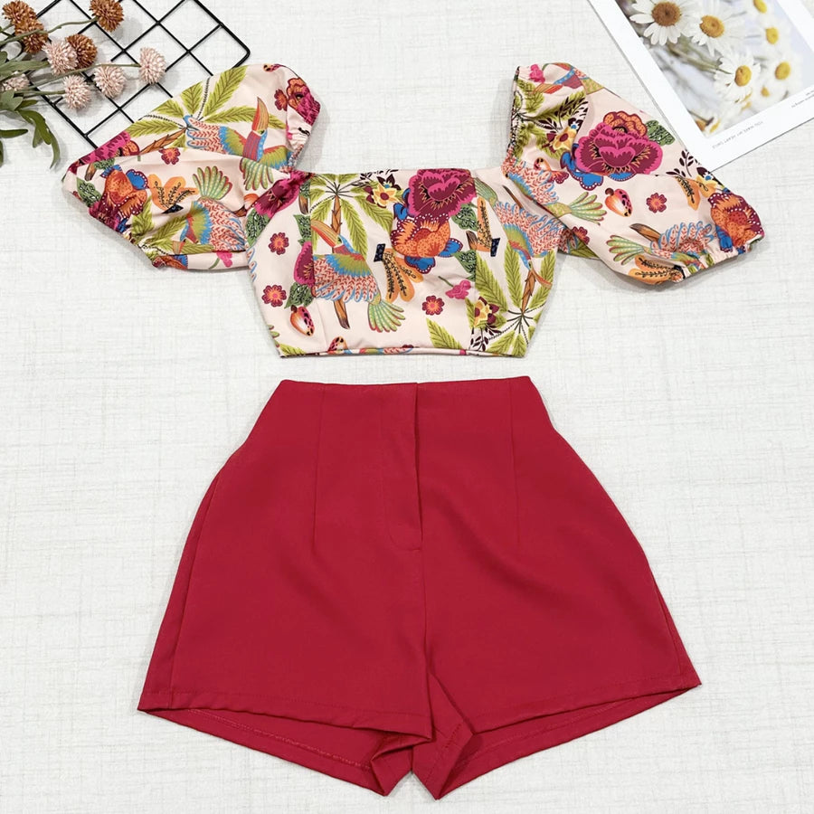 Conjunto Feminino Estampado – Camisa com Amarração + Short com Zíper