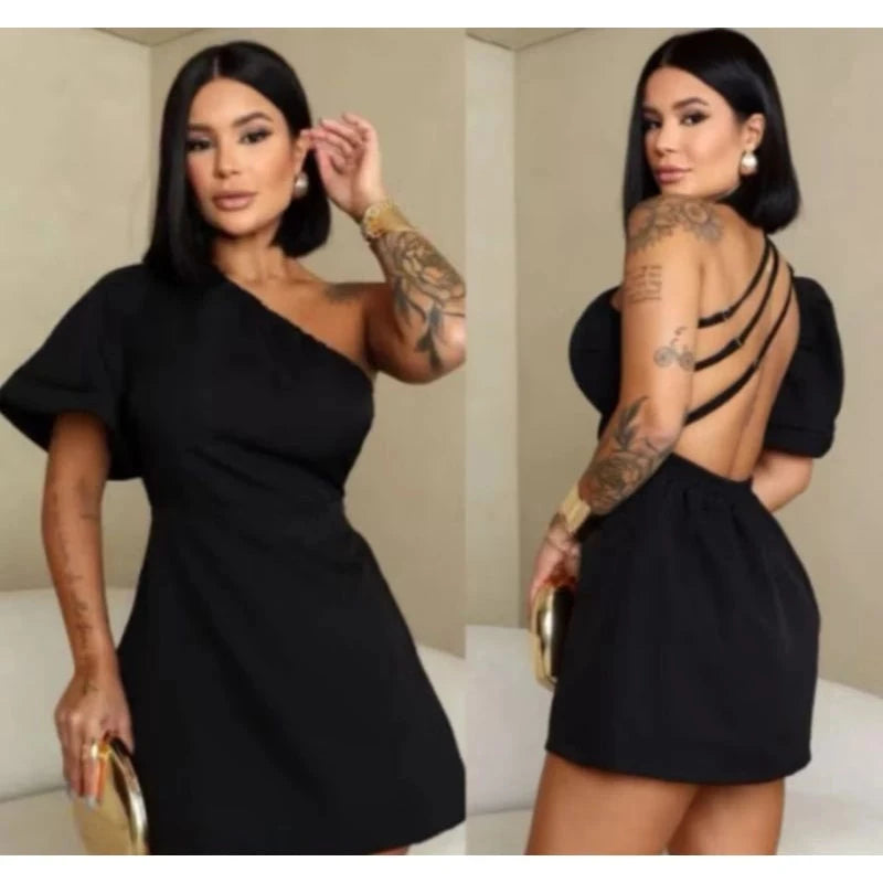 Macaquinho Vestido Manga de Sono Com Alças Reguláveis Flare Simples Glamour