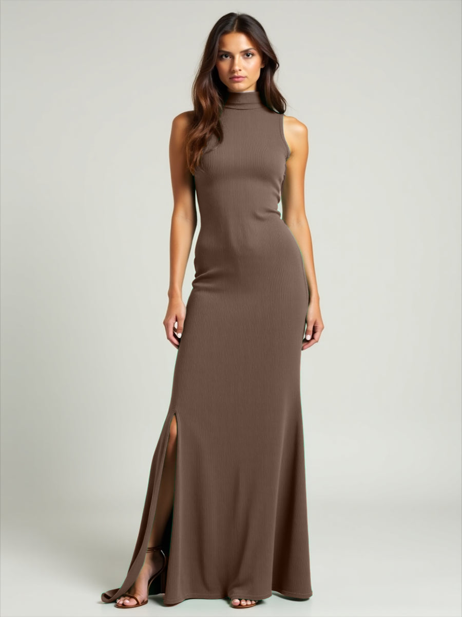 Vestido Longo com Racha e Gola Alta Feminino Canelado