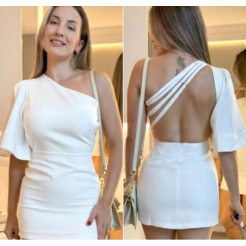 Macacão Macaquinho Vestido Manga de Sono Com Alças Reguláveis Flare