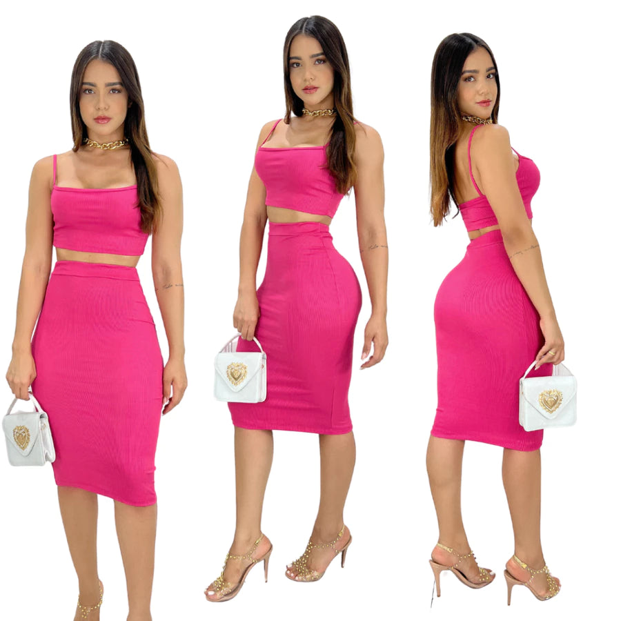 Conjunto Feminino Saia Longa Cropped alcinha Aerolook Primavera verão tendência