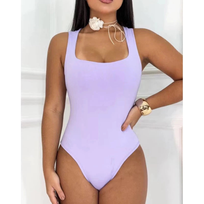 Body Feminino Suplex Regata Alças Grossas Collant Decote Quadrado Básico Simples Glamour
