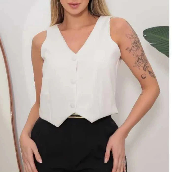 Colete Alfaiataria Feminino Curto com Botão Encapado Simples Glamour