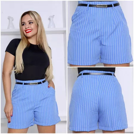 Short Feminino Alfaiataria Risca de Giz com Cinto e Zíper Lateral