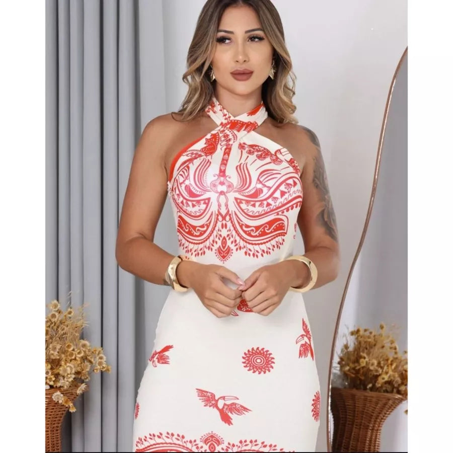 Vestido Feminino Inspiração Farm Midi Tendência Verão Tropical