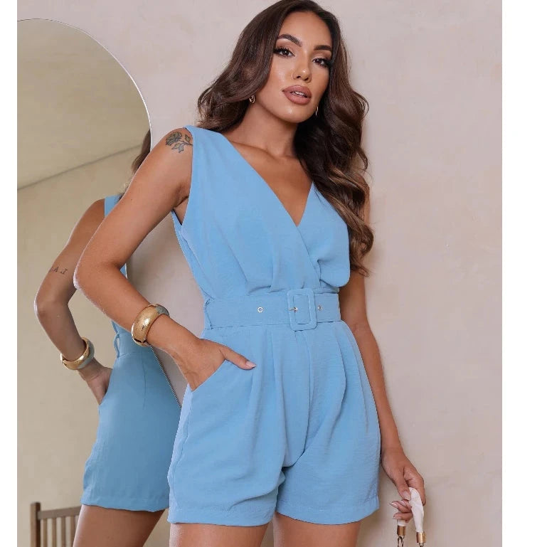 Macaquinho Feminino Soltinho com Cinto – Alfaiataria Duna com Decote em V Simples Glamour