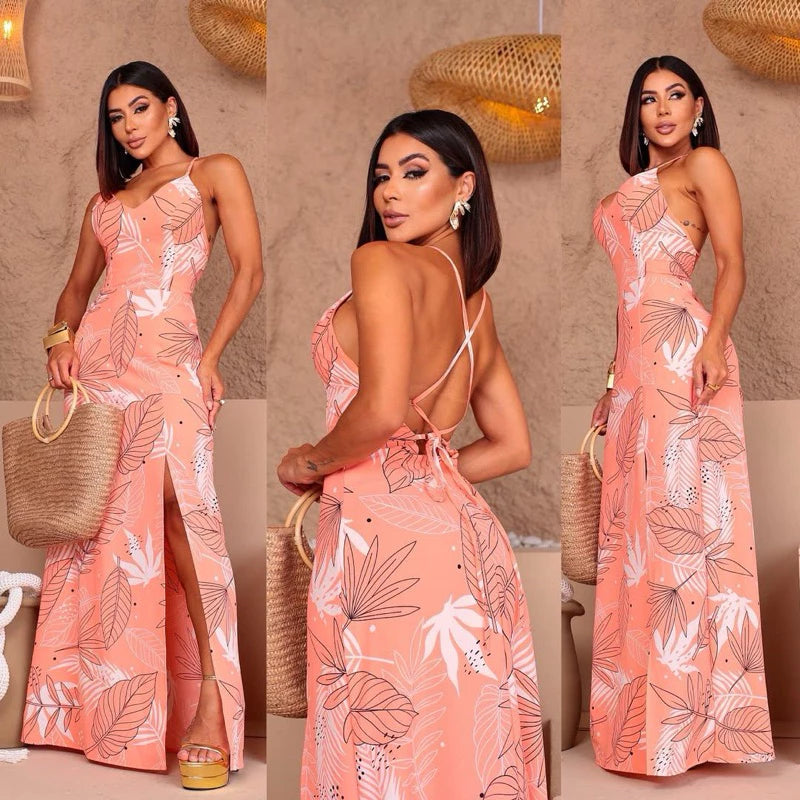 Vestido Longo Feminino Costa Nua Estampado com Fenda e Bojo