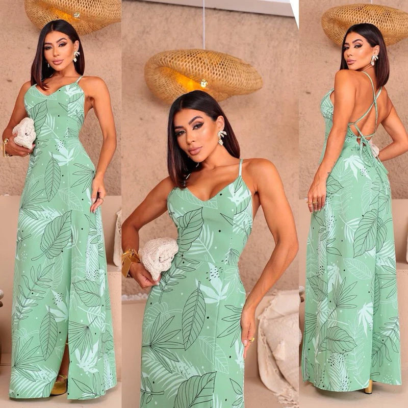 Vestido Longo Feminino Costa Nua Estampado com Fenda e Bojo