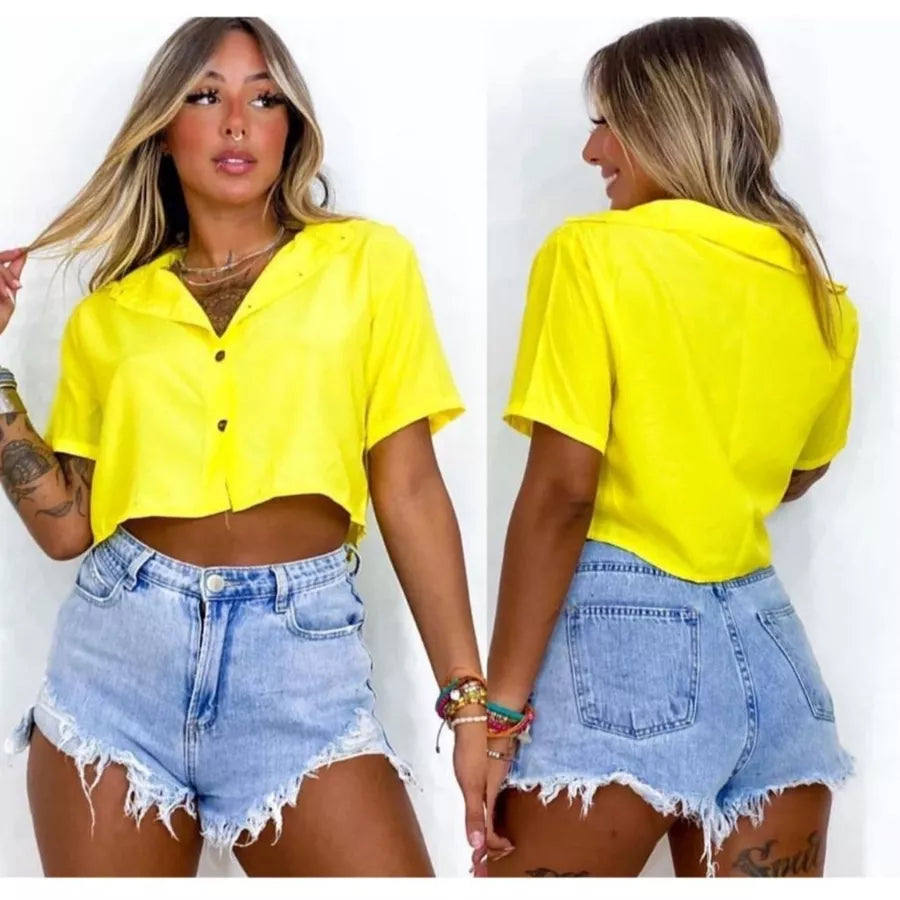 Cropped Camisa Social Botões Em Duna verão