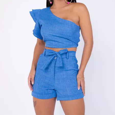 Conjunto Feminino em Linhão Shorts e Cropped Mula Manca