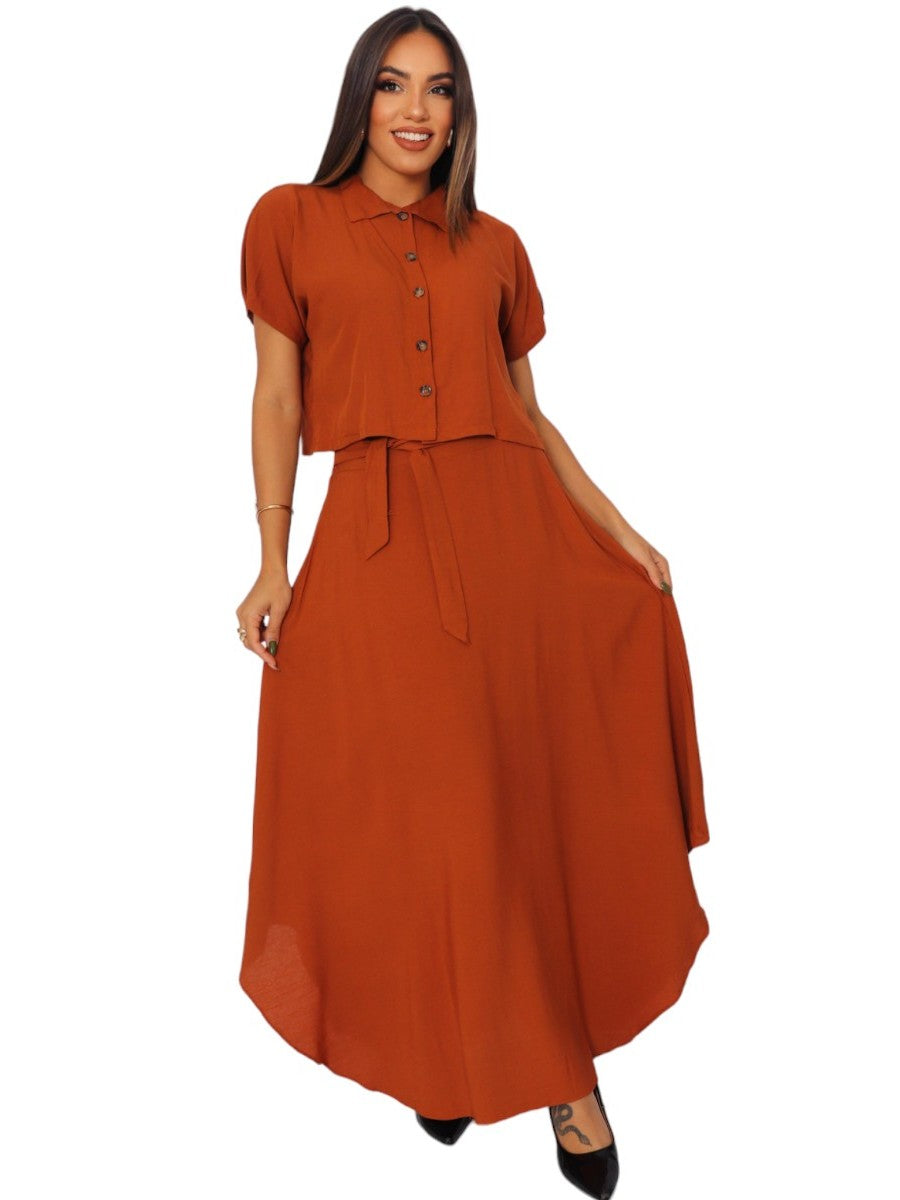 Conjunto Feminino Alfaiataria – Cropped e Saia Longa Rodada com Fenda Meia Lua