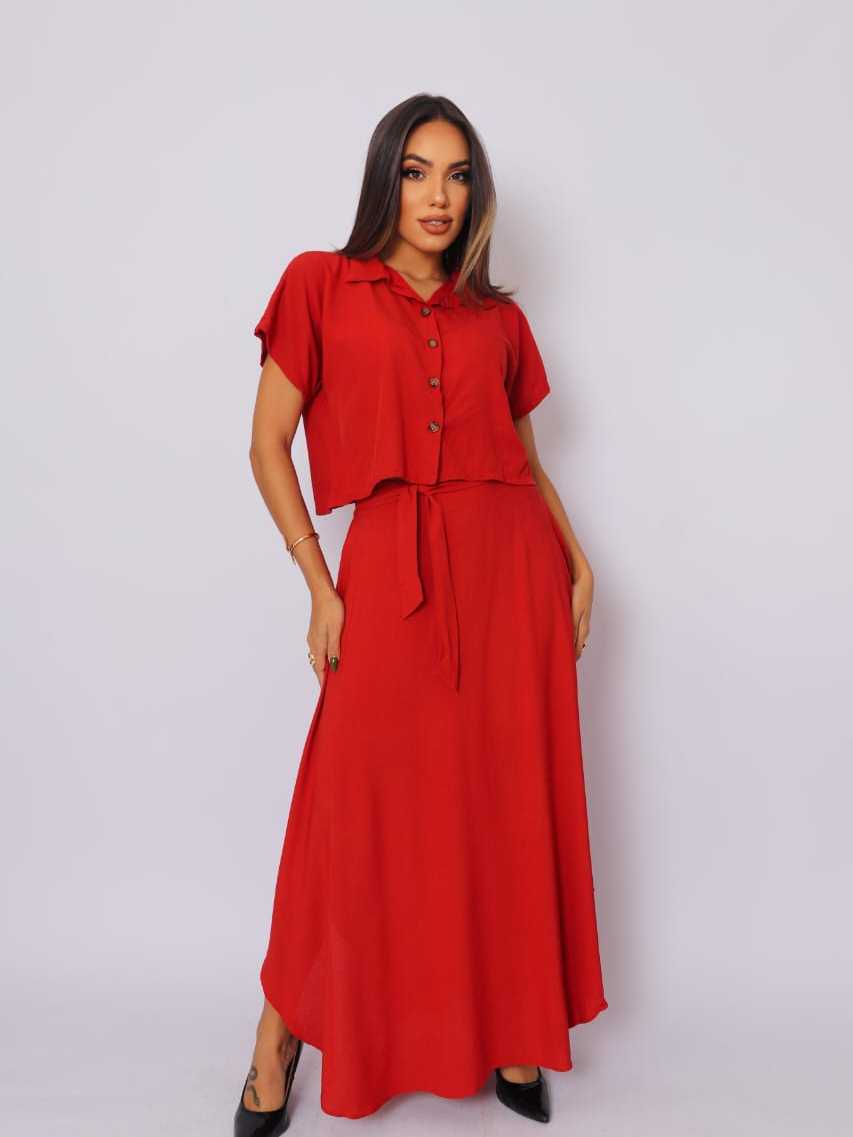 Conjunto Feminino Alfaiataria – Cropped e Saia Longa Rodada com Fenda Meia Lua